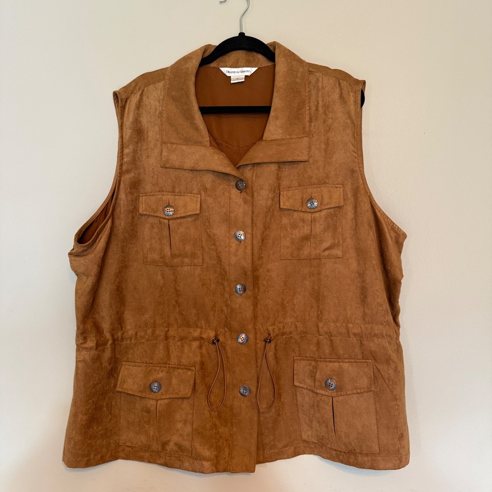Drapers & Damons Women's Tan Suede Utility Vest‎ Size 3X Snap Front Drawstring